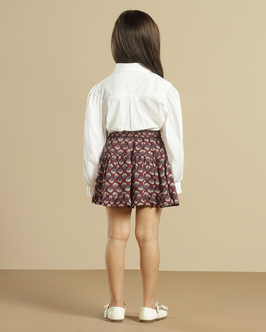 Maroon floral printed girls shorts with scalloped hem and contrast detailing