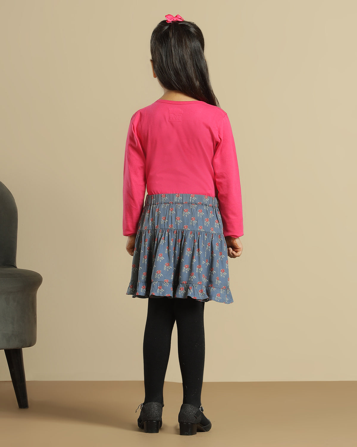 Blue floral printed girls shorts with scalloped hem and contrast detailing