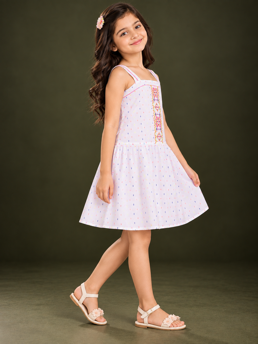 White girls sleeveless top with peach floral embroidery and ruffle detailing