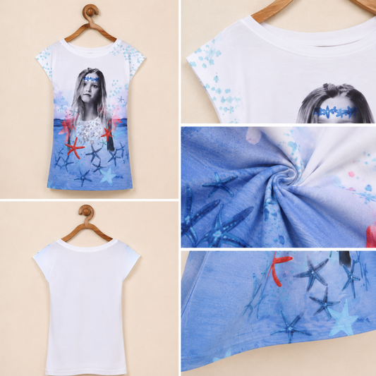 Blue girls short sleeve graphic print dress with multicolour front design