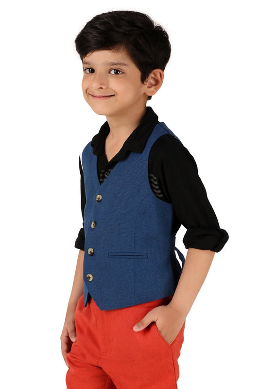 Boys Solid Blue Casual Waistcoat