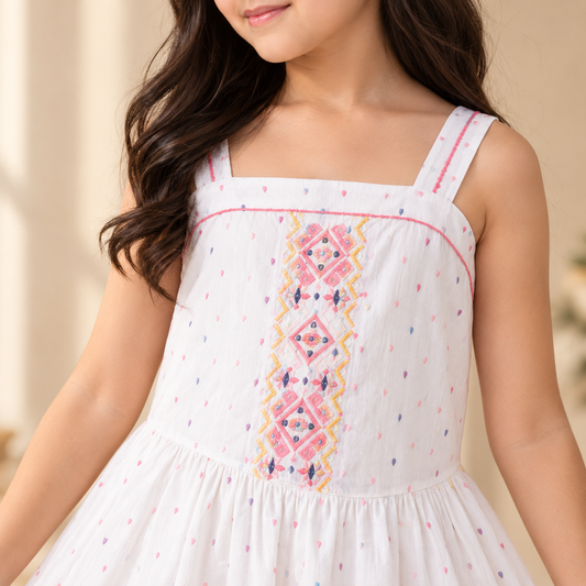 White girls sleeveless striped maxi dress with colourful embroidered detailing