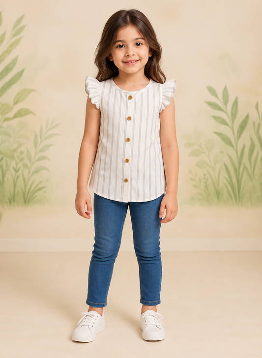 Girls White Vertical Striped Sleeveless Top with Ruffle Shoulders, Front Button Closure and Round Neck,