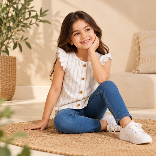 Girls White Vertical Striped Sleeveless Top with Ruffle Shoulders, Front Button Closure and Round Neck,